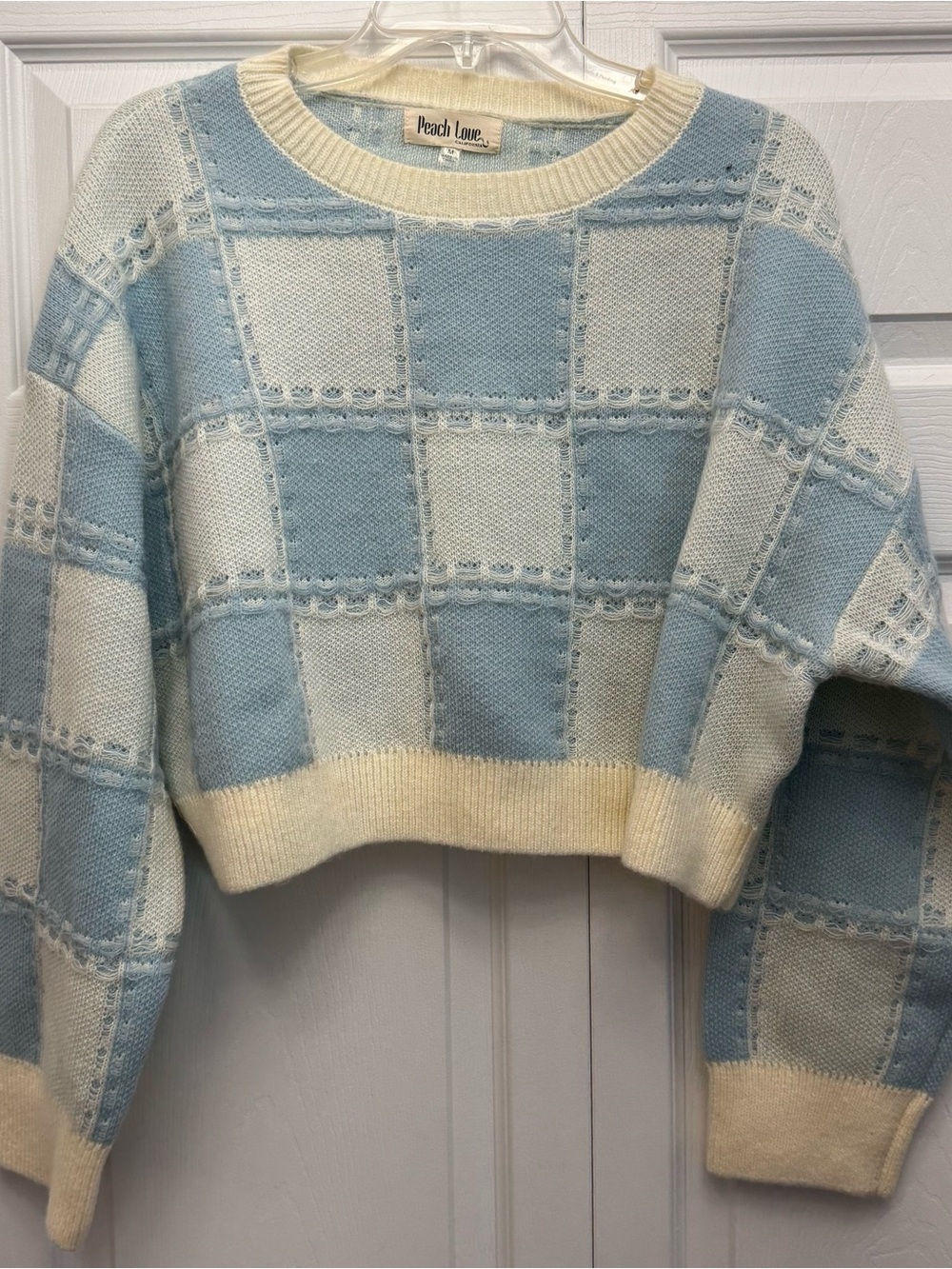 Peach Love California Powder Blue & Cream Checkered Cropped Sweater